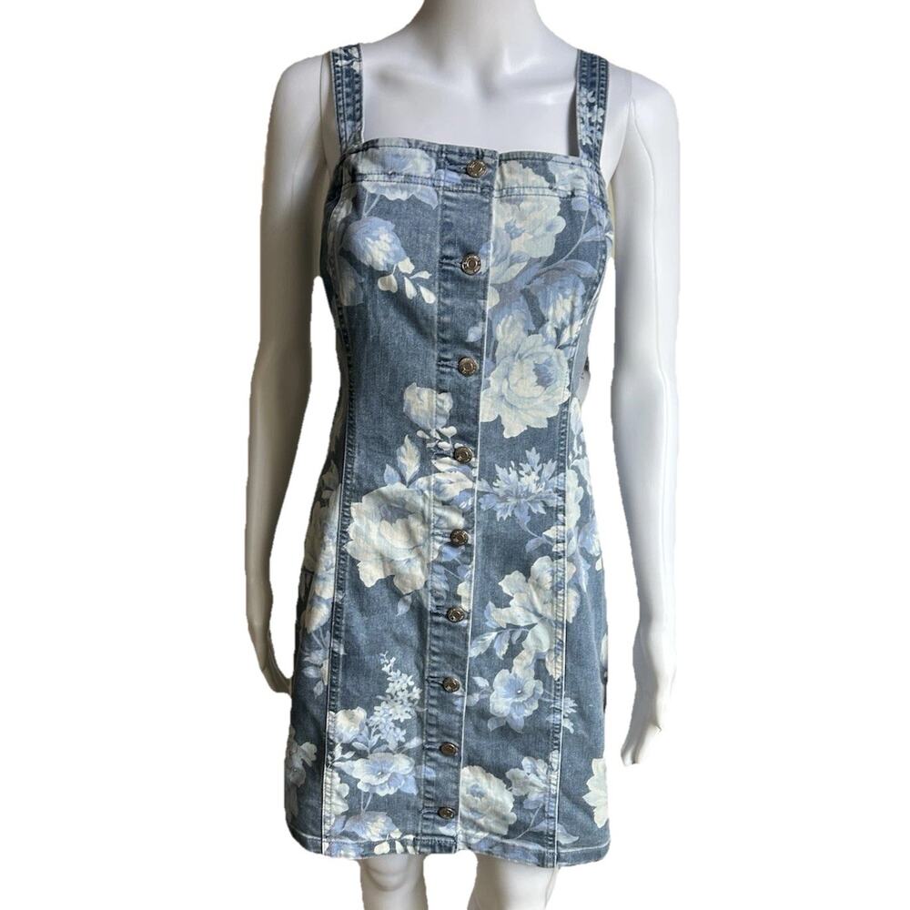 NWT Gap Floral Denim Mini Dress Women MT Button Front Blue Cottagecore